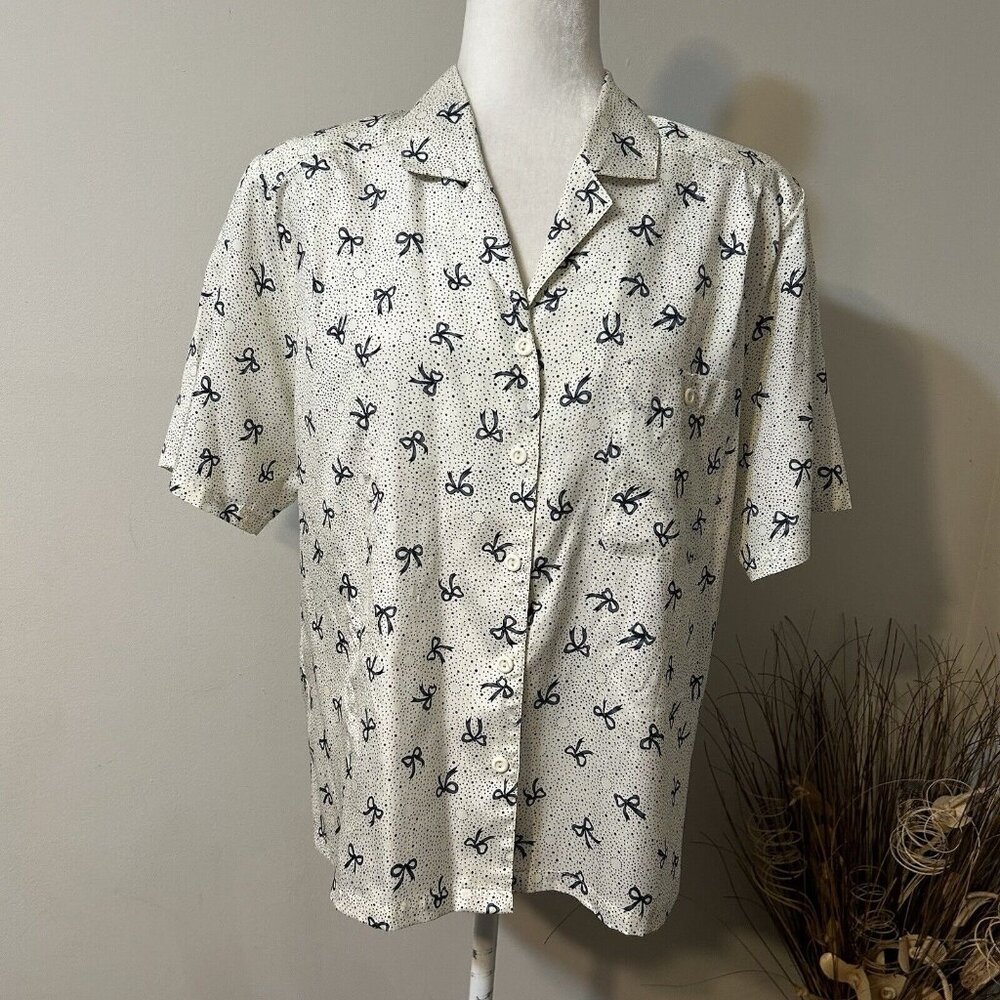 Vtg Shapely White Black Polka Dots Bow Tie Button Down Blouse Short Sleeve 14